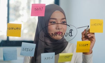 Asia muslim lady write information, strategy, reminder on glass board in new normal office. Working from home, remotely work, self isolation, social distancing, quarantine for coronavirus prevention.